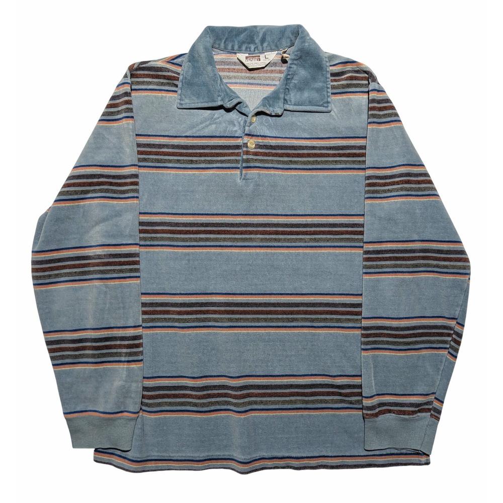 VTG Montgomery Ward Striped Polo Shirt Long Sleeve Blue USA Made Size L